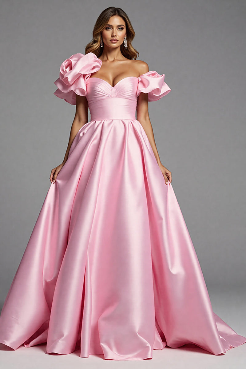 Load image into Gallery viewer, Pink Satin A Line Maxi Prom Dress with Ruffles