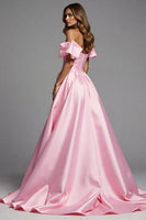 Load image into Gallery viewer, Pink Satin A Line Maxi Prom Dress with Ruffles