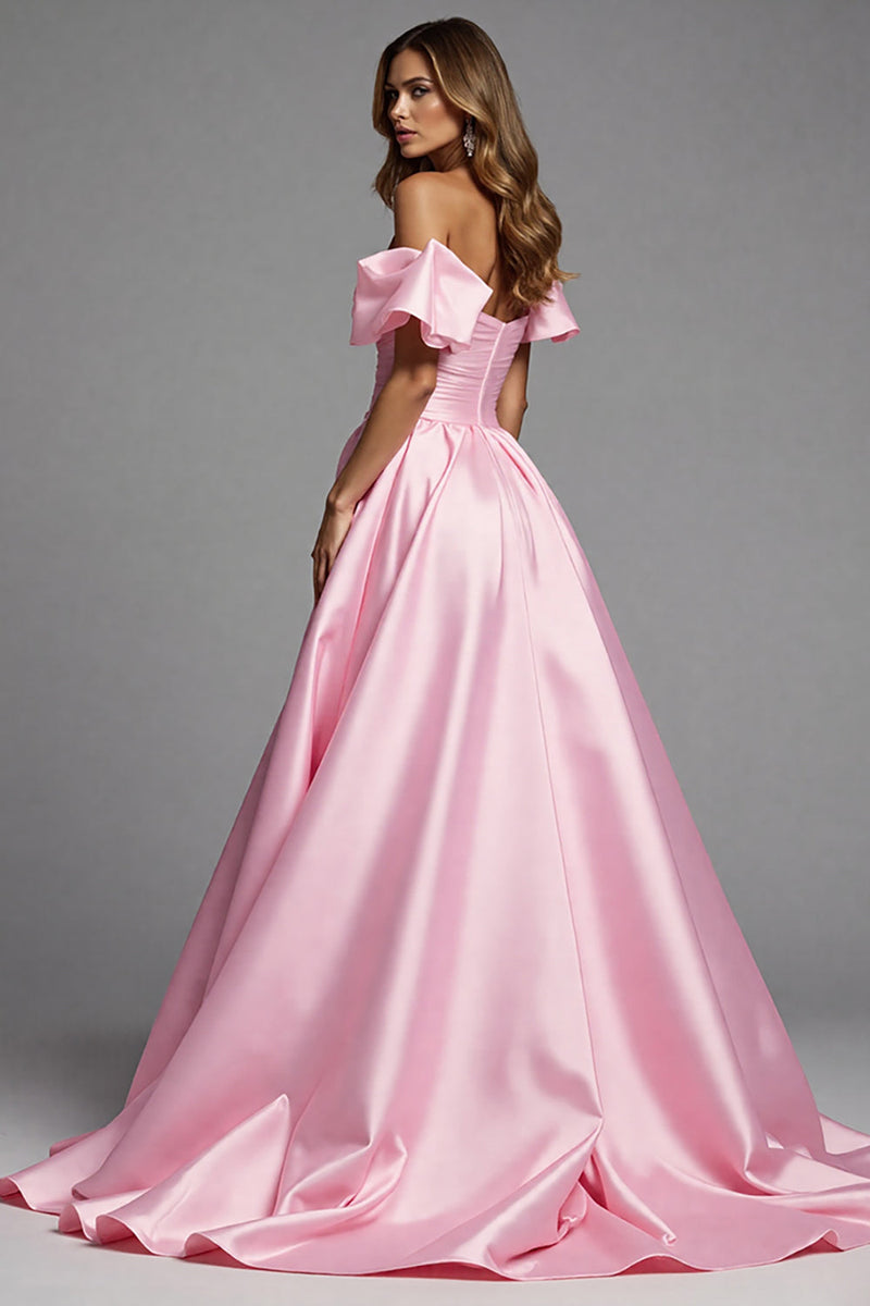 Load image into Gallery viewer, Pink Satin A Line Maxi Prom Dress with Ruffles