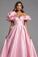 Load image into Gallery viewer, Pink Satin A Line Maxi Prom Dress with Ruffles