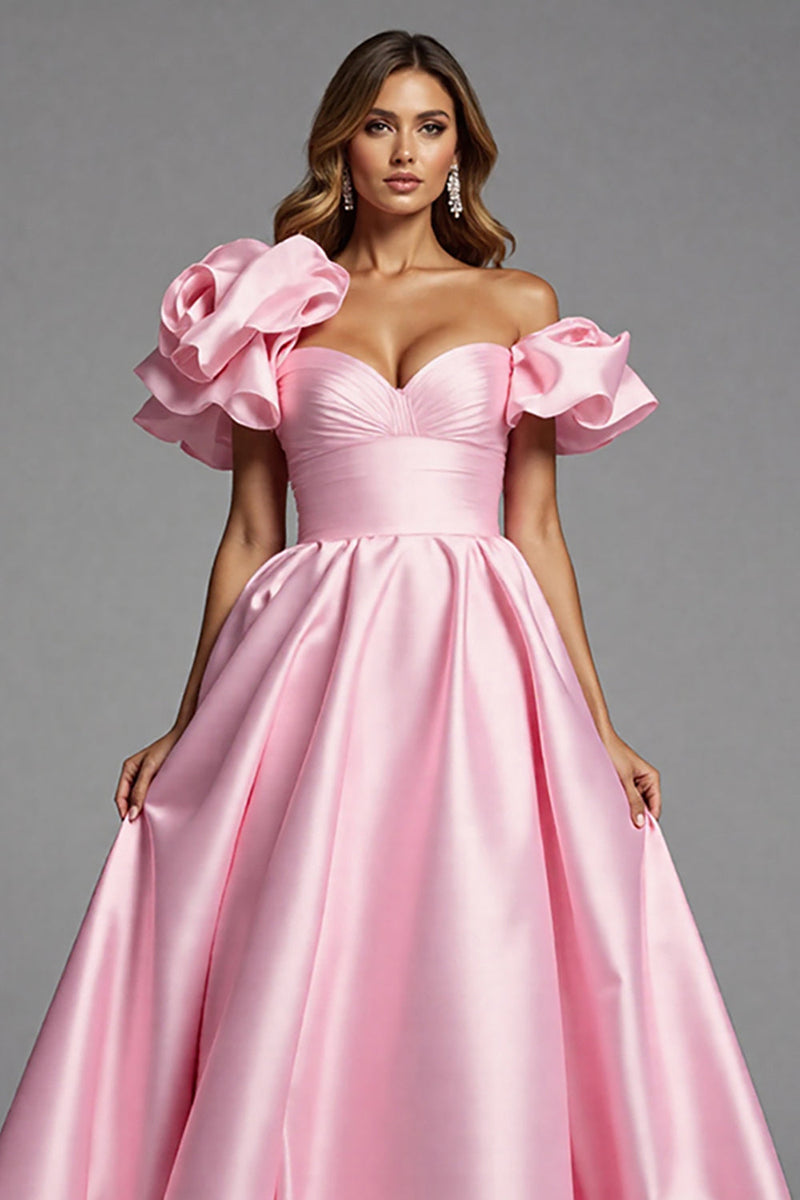 Load image into Gallery viewer, Pink Satin A Line Maxi Prom Dress with Ruffles