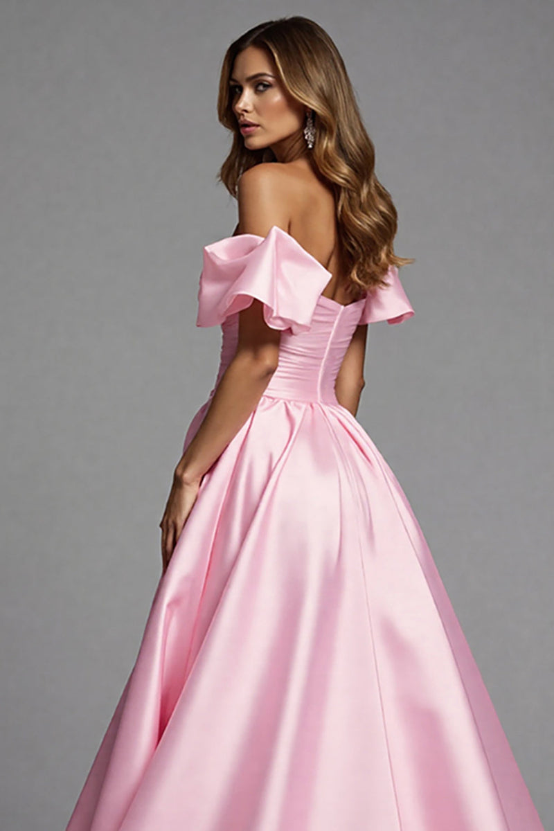 Load image into Gallery viewer, Pink Satin A Line Maxi Prom Dress with Ruffles