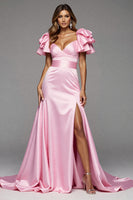 Load image into Gallery viewer, Pink Satin Ruffled Mermaid Maxi Prom Dress with Slit