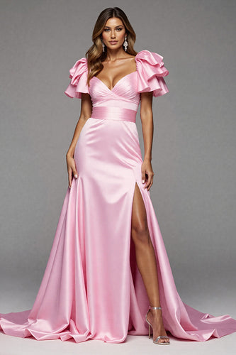 Pink Satin Ruffled Mermaid Maxi Prom Dress with Slit