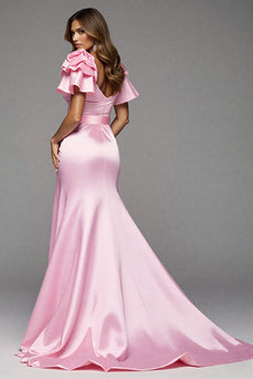 Pink Satin Ruffled Mermaid Maxi Prom Dress with Slit