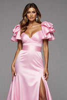 Load image into Gallery viewer, Pink Satin Ruffled Mermaid Maxi Prom Dress with Slit