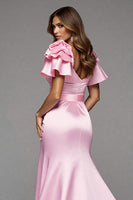 Load image into Gallery viewer, Pink Satin Ruffled Mermaid Maxi Prom Dress with Slit