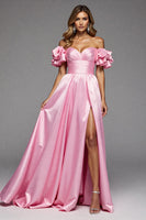 Load image into Gallery viewer, Pink A Line Satin Ruffled Maxi Prom Dress with Slit
