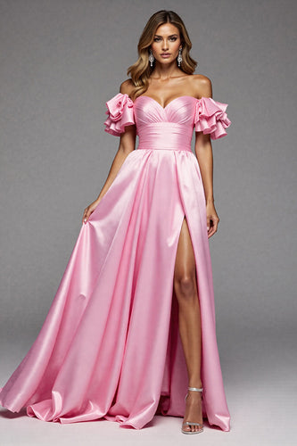 Pink A Line Satin Ruffled Maxi Prom Dress with Slit