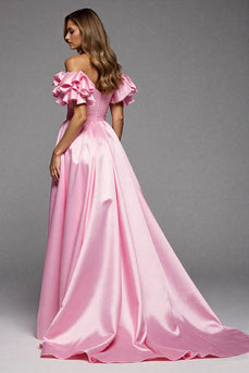 Pink A Line Satin Ruffled Maxi Prom Dress with Slit