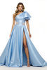 Load image into Gallery viewer, Blue Satin A Line Ruffled Maxi Prom Dress with Slit