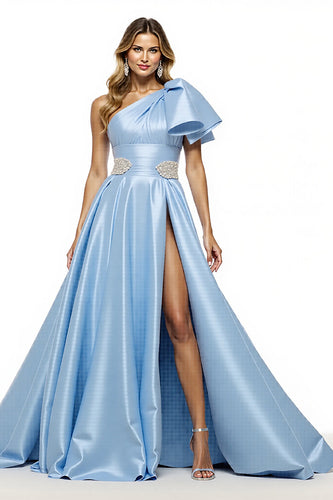 Blue Satin A Line Ruffled Maxi Prom Dress with Slit