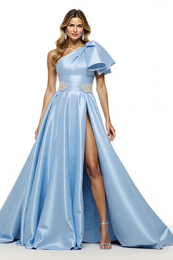 Blue Satin A Line Ruffled Maxi Prom Dress with Slit