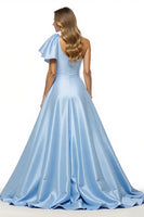 Load image into Gallery viewer, Blue Satin A Line Ruffled Maxi Prom Dress with Slit