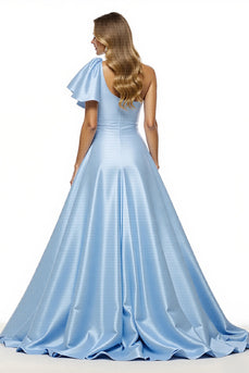 Blue Satin A Line Ruffled Maxi Prom Dress with Slit