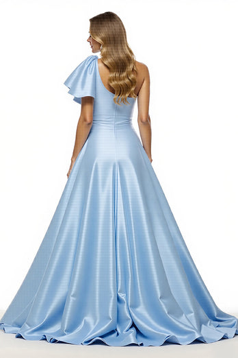 Blue Satin A Line Ruffled Maxi Prom Dress with Slit