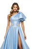 Load image into Gallery viewer, Blue Satin A Line Ruffled Maxi Prom Dress with Slit