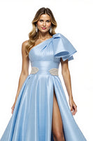 Load image into Gallery viewer, Blue Satin A Line Ruffled Maxi Prom Dress with Slit