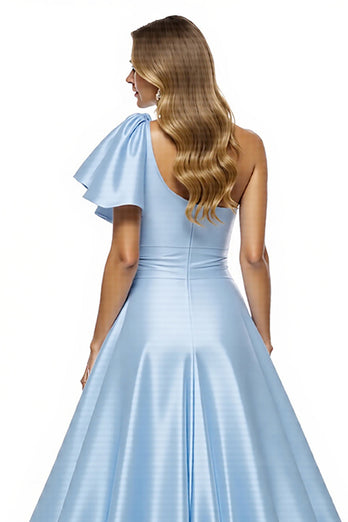 Blue Satin A Line Ruffled Maxi Prom Dress with Slit