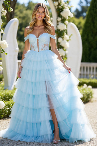 Blue Tulle A Line Off the Shoulder Maxi Prom Dress with Slit