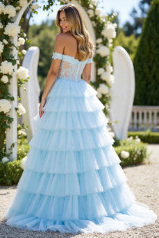 Blue Tulle A Line Off the Shoulder Maxi Prom Dress with Slit
