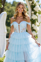 Load image into Gallery viewer, Blue Tulle A Line Off the Shoulder Maxi Prom Dress with Slit