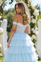 Load image into Gallery viewer, Blue Tulle A Line Off the Shoulder Maxi Prom Dress with Slit