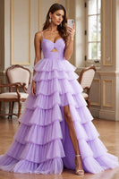 Load image into Gallery viewer, Purple Tulle A Line Spaghetti Straps Maxi Prom Dress with Slit