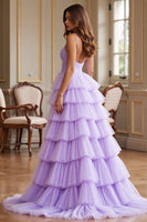 Load image into Gallery viewer, Purple Tulle A Line Spaghetti Straps Maxi Prom Dress with Slit