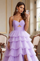 Load image into Gallery viewer, Purple Tulle A Line Spaghetti Straps Maxi Prom Dress with Slit