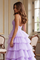 Load image into Gallery viewer, Purple Tulle A Line Spaghetti Straps Maxi Prom Dress with Slit