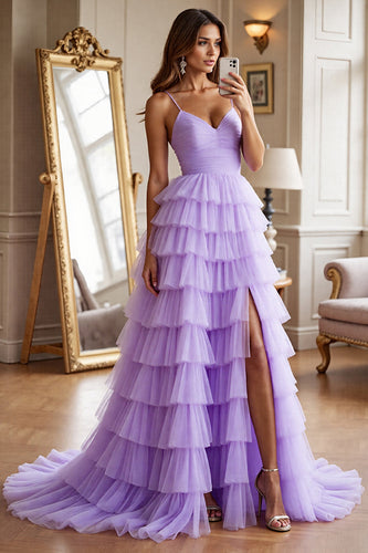 Purple Tulle A Line Tiered Maxi Prom Dress with Slit