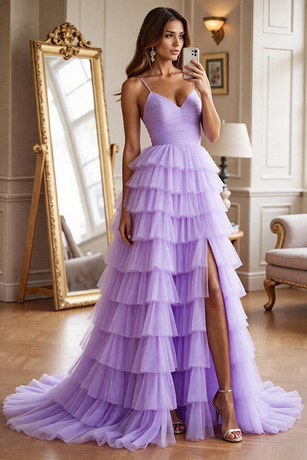 Purple Tulle A Line Tiered Maxi Prom Dress with Slit