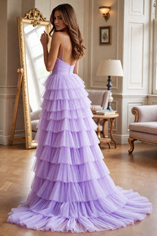 Purple Tulle A Line Tiered Maxi Prom Dress with Slit
