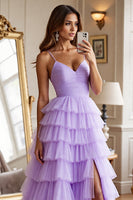 Load image into Gallery viewer, Purple Tulle A Line Tiered Maxi Prom Dress with Slit