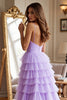 Load image into Gallery viewer, Purple Tulle A Line Tiered Maxi Prom Dress with Slit