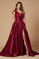 Load image into Gallery viewer, Burgundy A Line Satin One Shoulder Maxi Prom Dress with Slit