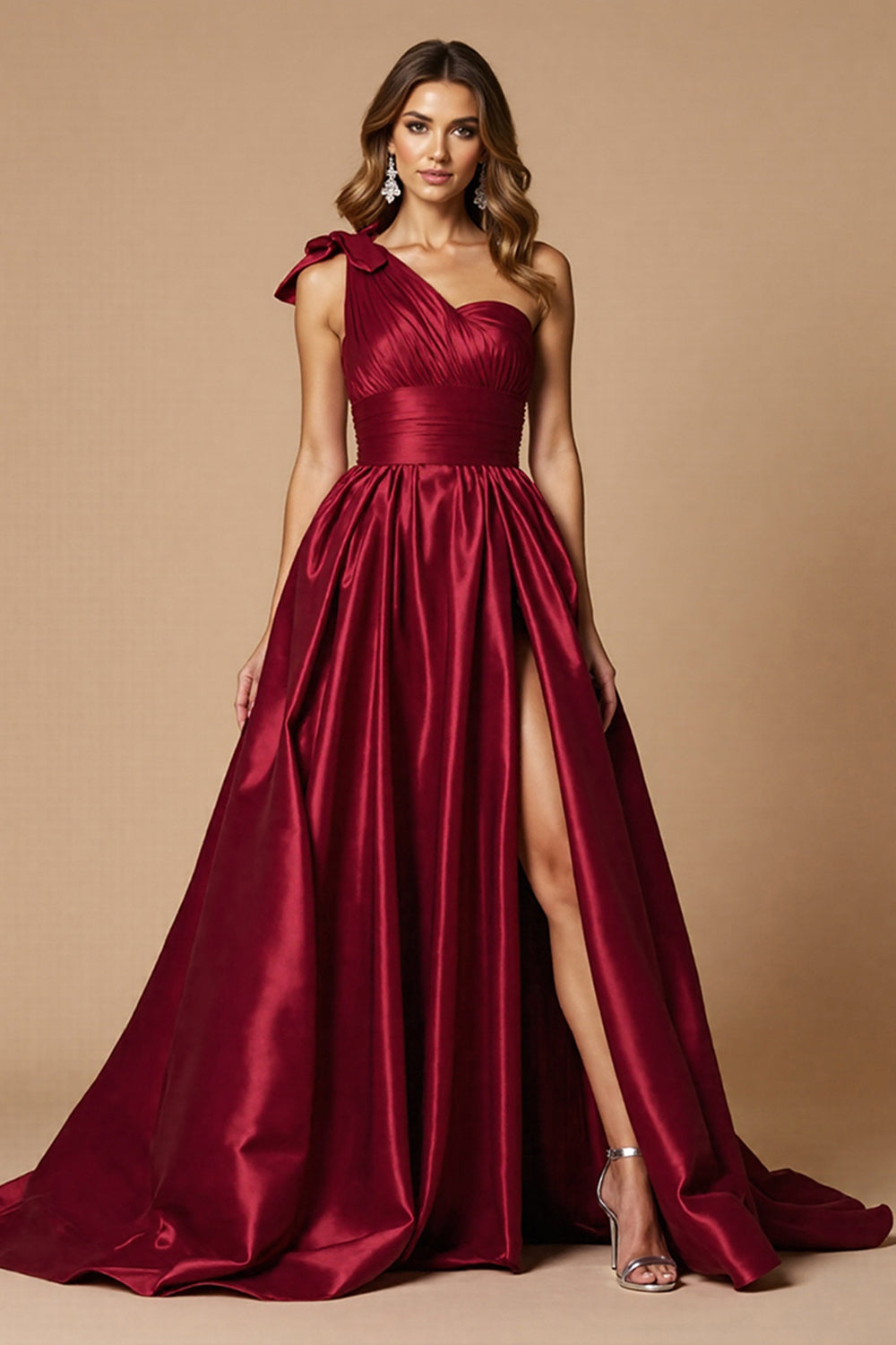 Burgundy A Line Satin One Shoulder Maxi Prom Dress with Slit