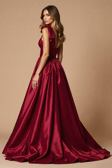 Burgundy A Line Satin One Shoulder Maxi Prom Dress with Slit