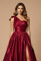Load image into Gallery viewer, Burgundy A Line Satin One Shoulder Maxi Prom Dress with Slit