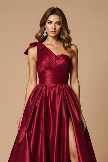 Burgundy A Line Satin One Shoulder Maxi Prom Dress with Slit