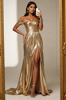 Load image into Gallery viewer, Golden Metallic A Line Maxi Prom Dress with Slit