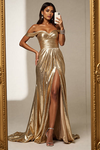 Golden Metallic A Line Maxi Prom Dress with Slit