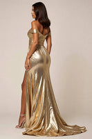 Load image into Gallery viewer, Golden Metallic A Line Maxi Prom Dress with Slit