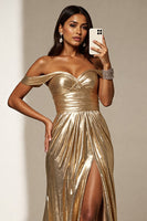 Load image into Gallery viewer, Golden Metallic A Line Maxi Prom Dress with Slit