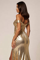 Load image into Gallery viewer, Golden Metallic A Line Maxi Prom Dress with Slit