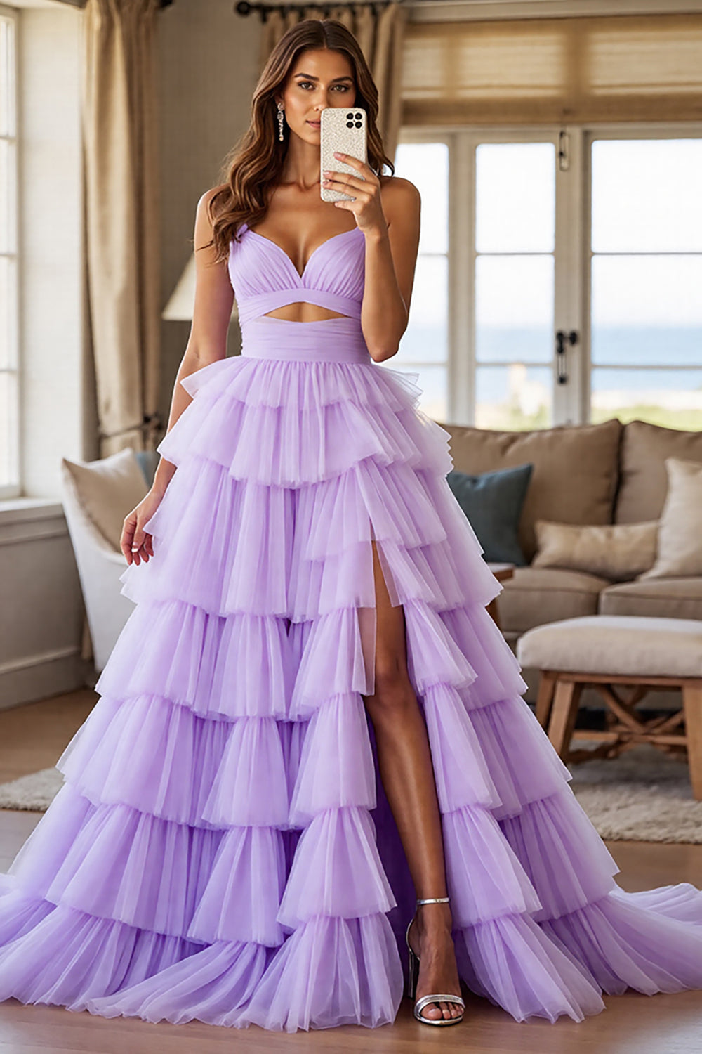 Purple Tulle Tiered A Line Maxi Prom Dress with Slit