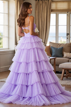 Purple Tulle Tiered A Line Maxi Prom Dress with Slit