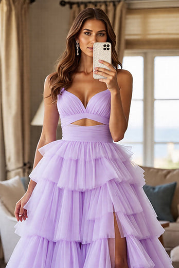 Purple Tulle Tiered A Line Maxi Prom Dress with Slit