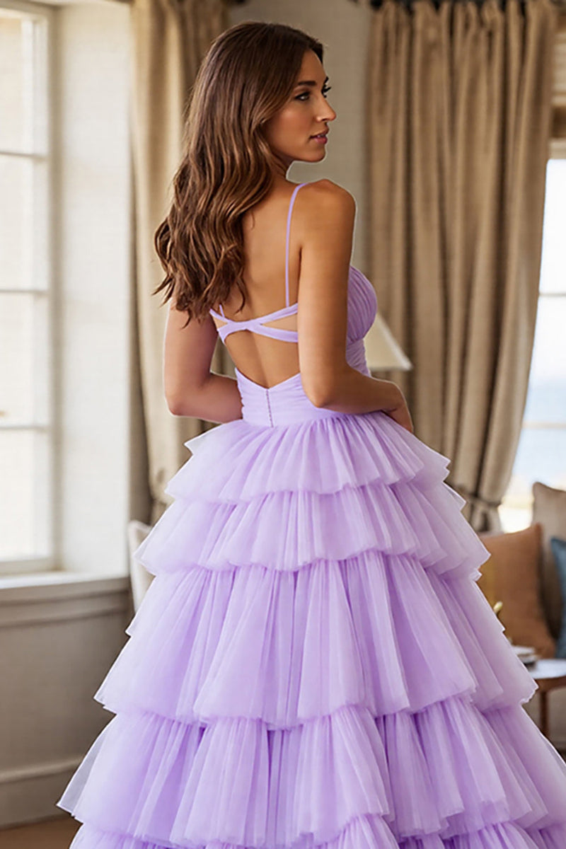 Load image into Gallery viewer, Purple Tulle Tiered A Line Maxi Prom Dress with Slit